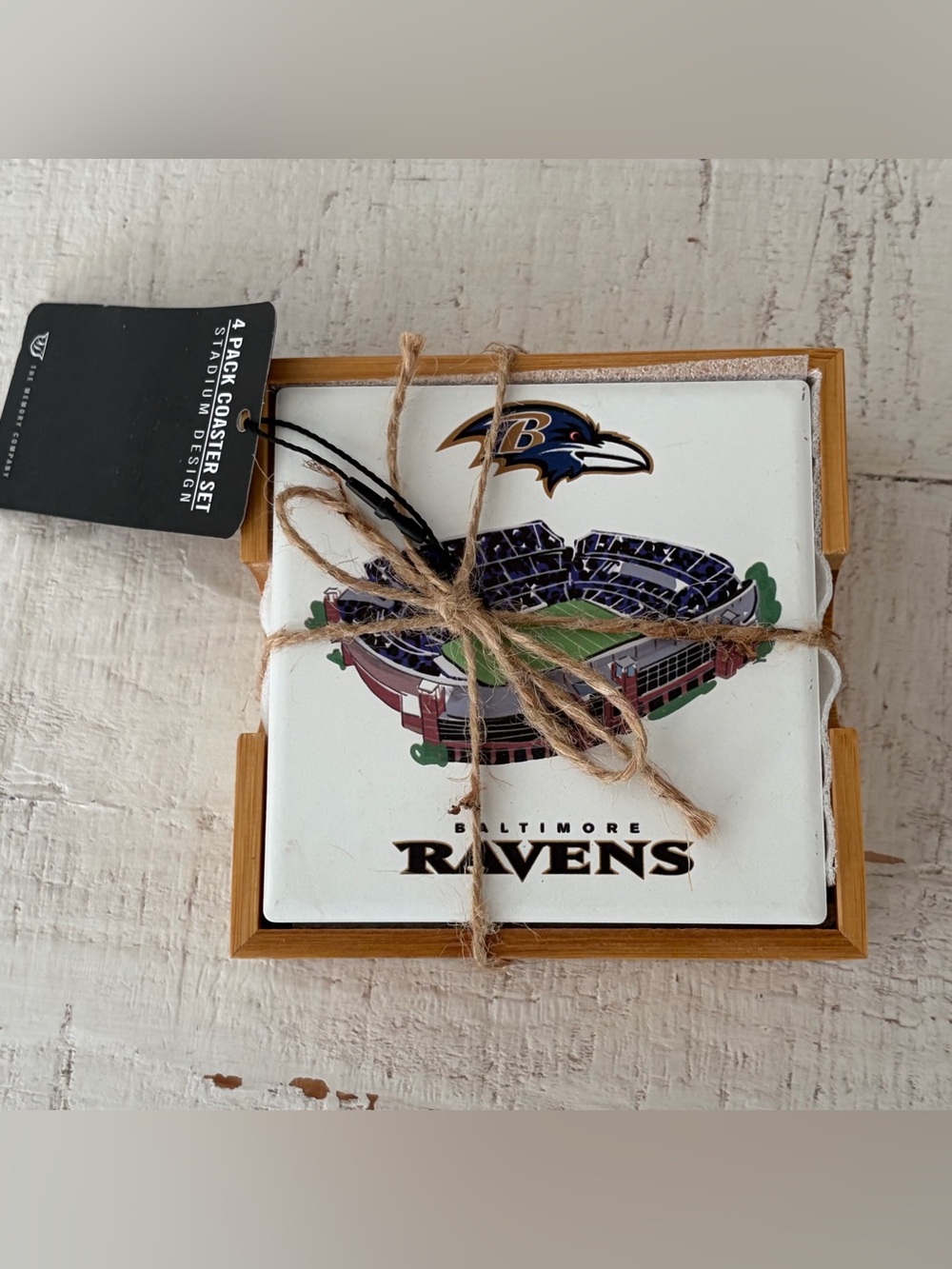 Baltimore Ravens NFL 4 Piece Coaster Set NWT Plus Holder Wood Tile Stadium